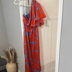 Red and Blue Floral One-Shoulder Dress